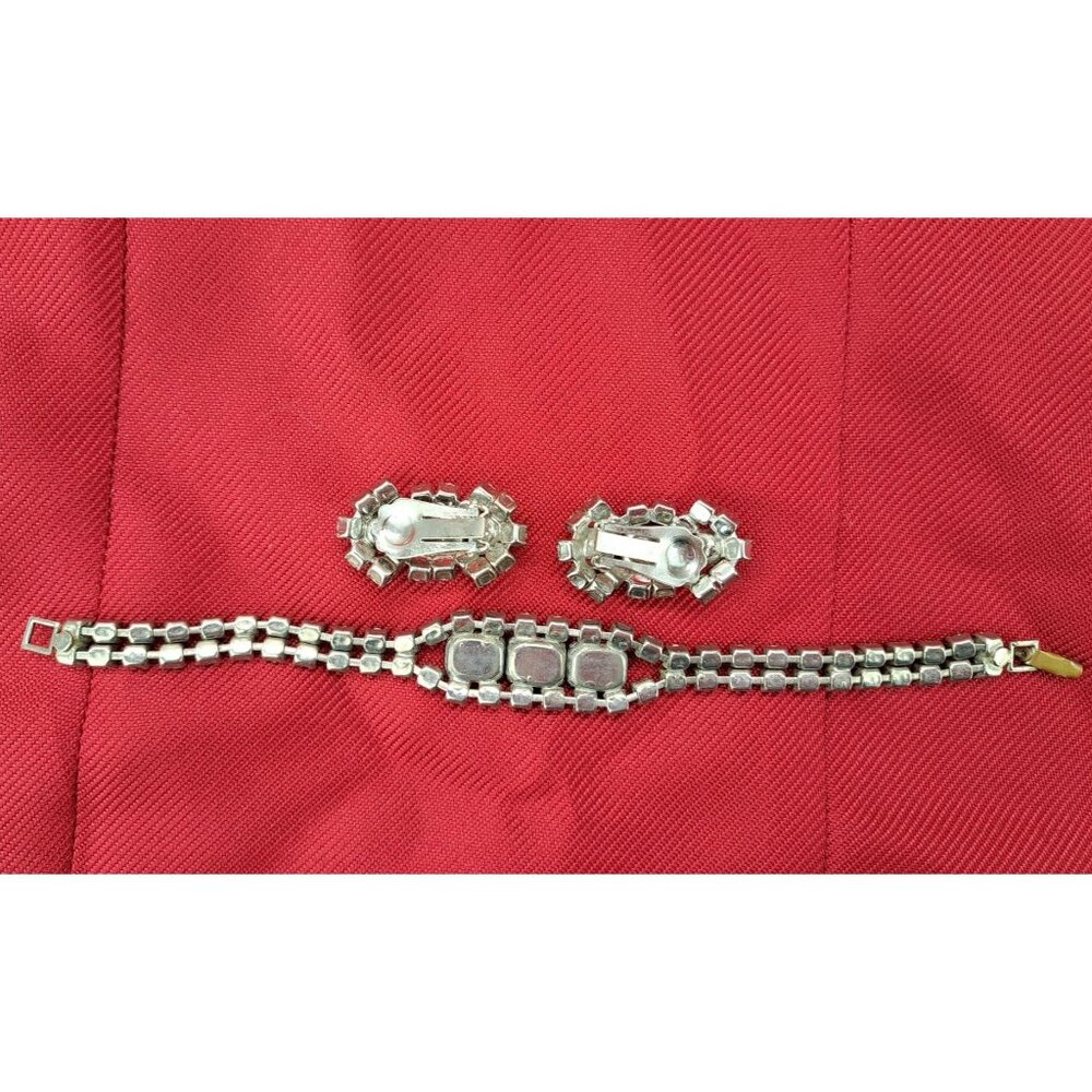 Vintage Clear Black Rhinestone Bracelet Clip-On Earrings Set Emerald Cut Costume - Picture 4 of 6